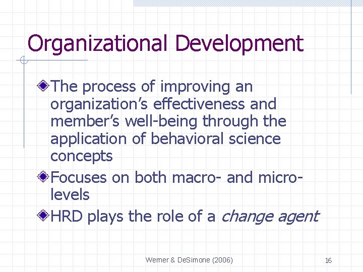 Organizational Development The process of improving an organization’s effectiveness and member’s well-being through the