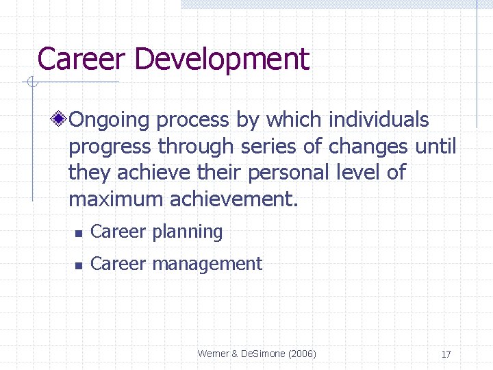 Career Development Ongoing process by which individuals progress through series of changes until they