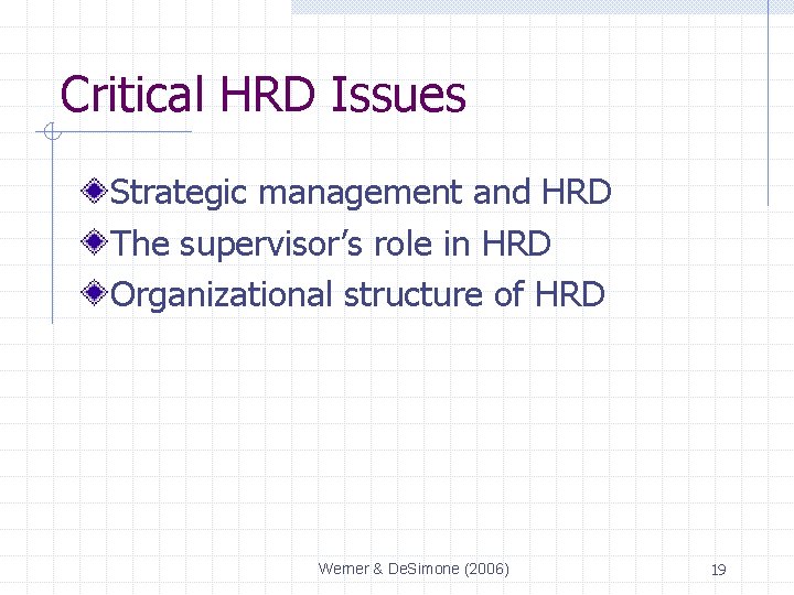 Critical HRD Issues Strategic management and HRD The supervisor’s role in HRD Organizational structure