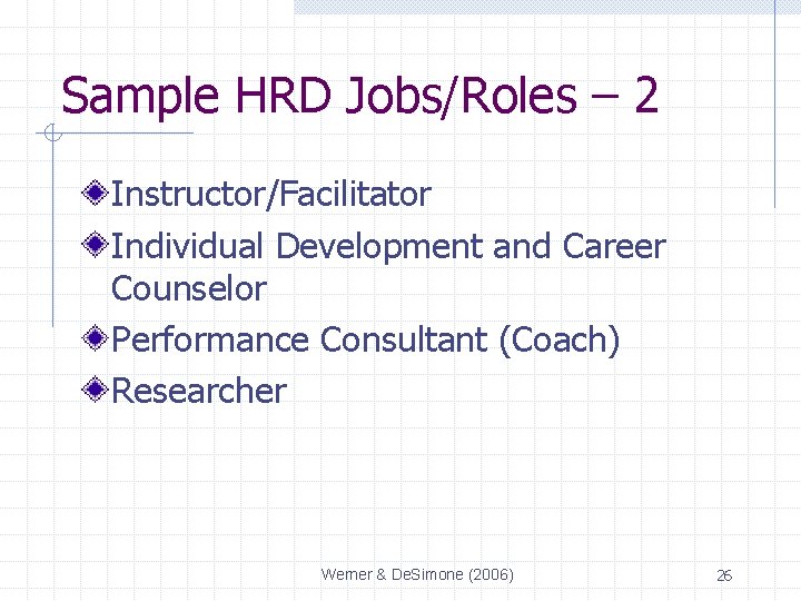 Sample HRD Jobs/Roles – 2 Instructor/Facilitator Individual Development and Career Counselor Performance Consultant (Coach)