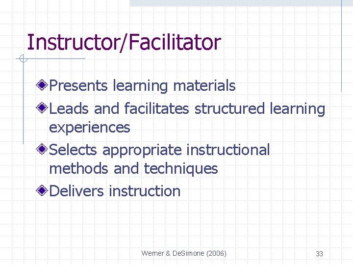 Instructor/Facilitator Presents learning materials Leads and facilitates structured learning experiences Selects appropriate instructional methods