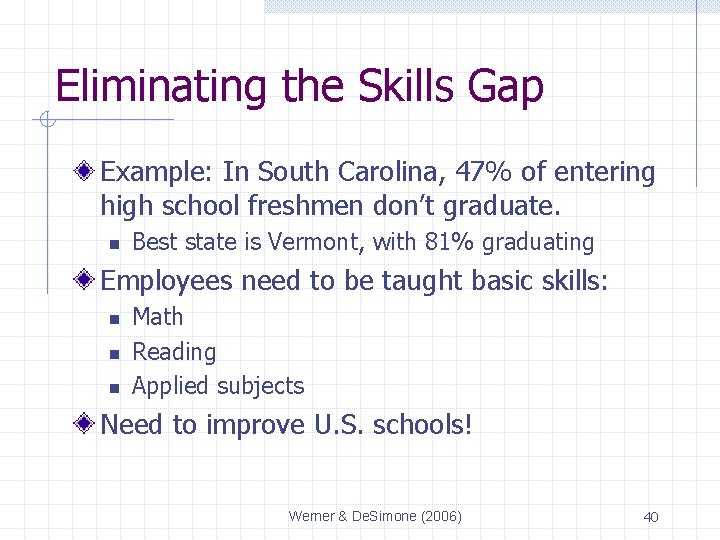 Eliminating the Skills Gap Example: In South Carolina, 47% of entering high school freshmen