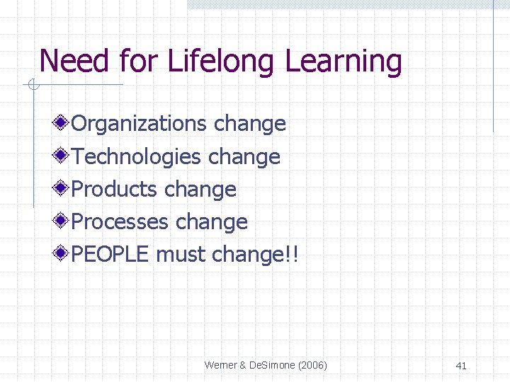 Need for Lifelong Learning Organizations change Technologies change Products change Processes change PEOPLE must