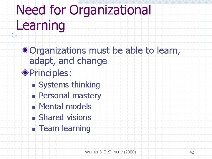 Need for Organizational Learning Organizations must be able to learn, adapt, and change Principles:
