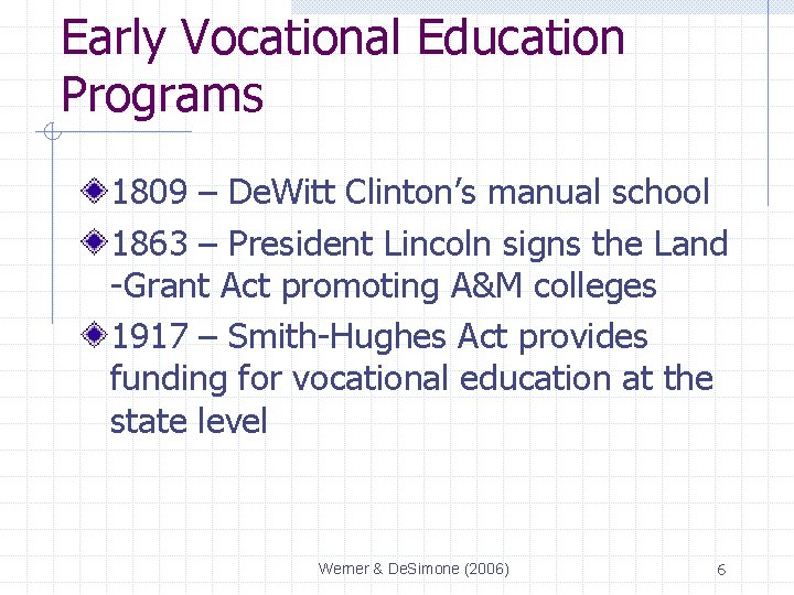 Early Vocational Education Programs 1809 – De. Witt Clinton’s manual school 1863 – President