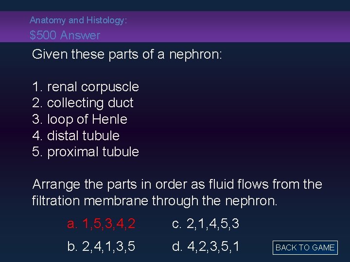Anatomy and Histology: $500 Answer Given these parts of a nephron: 1. renal corpuscle
