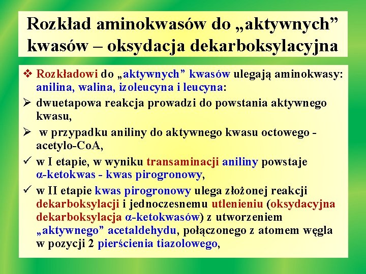 Rozkład aminokwasów do „aktywnych” kwasów – oksydacja dekarboksylacyjna v Rozkładowi do „aktywnych” kwasów ulegają