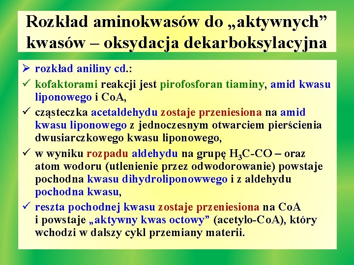 Rozkład aminokwasów do „aktywnych” kwasów – oksydacja dekarboksylacyjna Ø rozkład aniliny cd. : ü