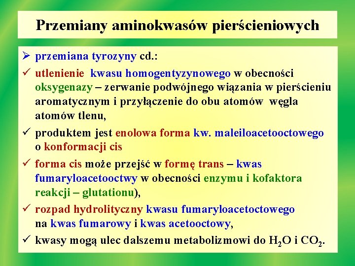 Przemiany aminokwasów pierścieniowych Ø przemiana tyrozyny cd. : ü utlenienie kwasu homogentyzynowego w obecności