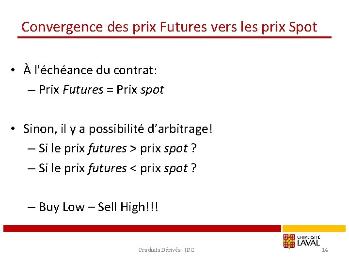 Convergence des prix Futures vers les prix Spot • À l'échéance du contrat: –