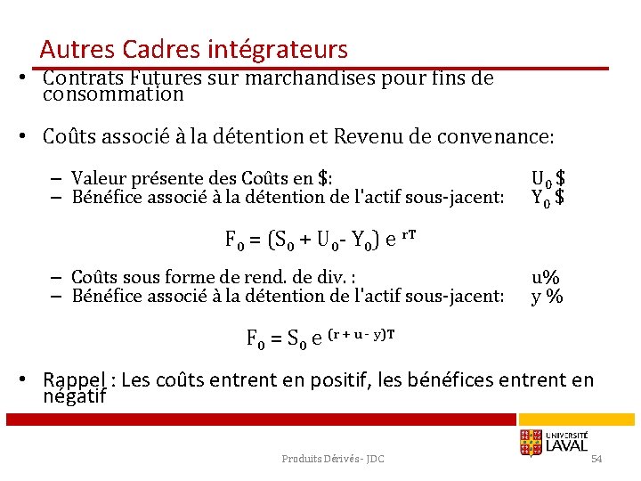 Autres Cadres intégrateurs • Contrats Futures sur marchandises pour fins de consommation • Coûts