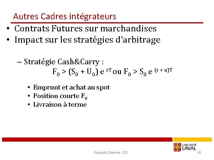 Autres Cadres intégrateurs • Contrats Futures sur marchandises • Impact sur les stratégies d’arbitrage