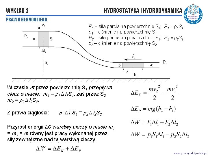 WYKŁAD 2 HYDROSTATYKA I HYDRODYNAMIKA PRAWO BERNOULIEGO P 1 – siła parcia na powierzchnię WYKŁAD 2 HYDROSTATYKA I HYDRODYNAMIKA PRAWO BERNOULIEGO P 1 – siła parcia na powierzchnię