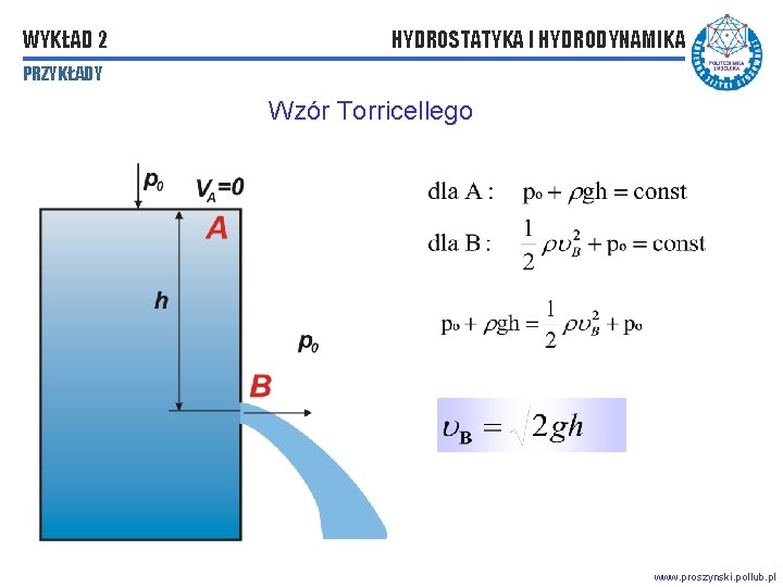 WYKŁAD 2 HYDROSTATYKA I HYDRODYNAMIKA PRZYKŁADY Wzór Torricellego www. proszynski. pollub. pl WYKŁAD 2 HYDROSTATYKA I HYDRODYNAMIKA PRZYKŁADY Wzór Torricellego www. proszynski. pollub. pl