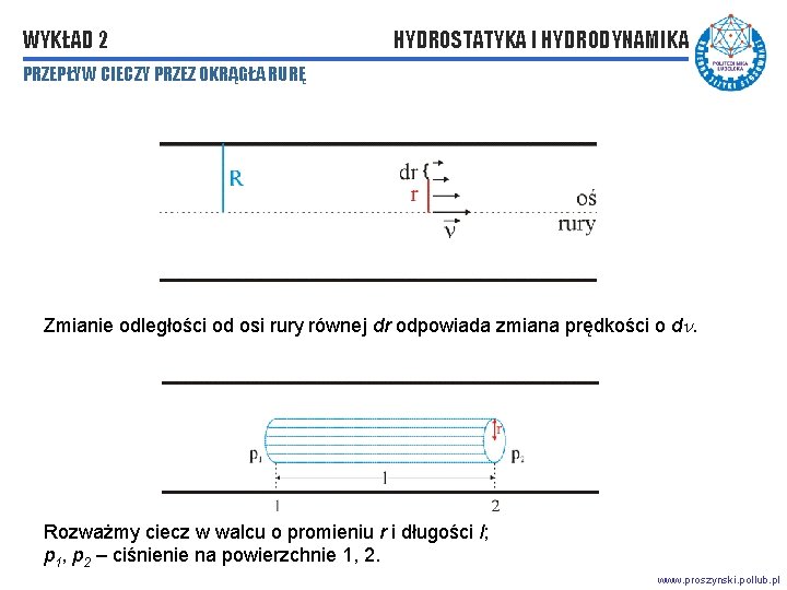 WYKŁAD 2 HYDROSTATYKA I HYDRODYNAMIKA PRZEPŁYW CIECZY PRZEZ OKRĄGŁA RURĘ Zmianie odległości od osi WYKŁAD 2 HYDROSTATYKA I HYDRODYNAMIKA PRZEPŁYW CIECZY PRZEZ OKRĄGŁA RURĘ Zmianie odległości od osi