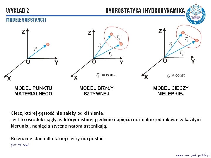 WYKŁAD 2 HYDROSTATYKA I HYDRODYNAMIKA MODELE SUBSTANCJI MODEL PUNKTU MATERIALNEGO MODEL BRYŁY SZTYWNEJ MODEL WYKŁAD 2 HYDROSTATYKA I HYDRODYNAMIKA MODELE SUBSTANCJI MODEL PUNKTU MATERIALNEGO MODEL BRYŁY SZTYWNEJ MODEL