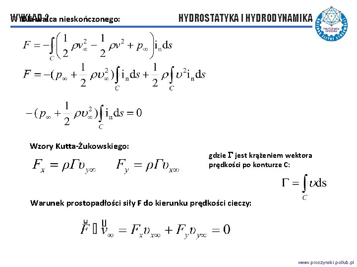 WYKŁAD 2 nieskończonego: Dla walca Wzory Kutta-Żukowskiego: HYDROSTATYKA I HYDRODYNAMIKA gdzie G jest krążeniem WYKŁAD 2 nieskończonego: Dla walca Wzory Kutta-Żukowskiego: HYDROSTATYKA I HYDRODYNAMIKA gdzie G jest krążeniem