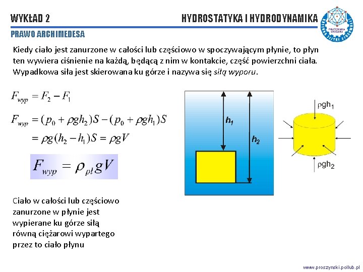 WYKŁAD 2 HYDROSTATYKA I HYDRODYNAMIKA PRAWO ARCHIMEDESA Kiedy ciało jest zanurzone w całości lub WYKŁAD 2 HYDROSTATYKA I HYDRODYNAMIKA PRAWO ARCHIMEDESA Kiedy ciało jest zanurzone w całości lub