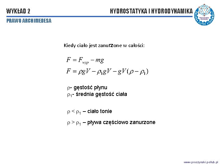 WYKŁAD 2 HYDROSTATYKA I HYDRODYNAMIKA PRAWO ARCHIMEDESA Kiedy ciało jest zanurzone w całości: - WYKŁAD 2 HYDROSTATYKA I HYDRODYNAMIKA PRAWO ARCHIMEDESA Kiedy ciało jest zanurzone w całości: -