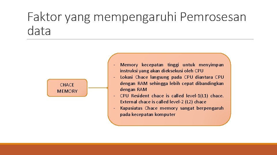 Faktor yang mempengaruhi Pemrosesan data CHACE MEMORY - Memory kecepatan tinggi untuk menyimpan instruksi