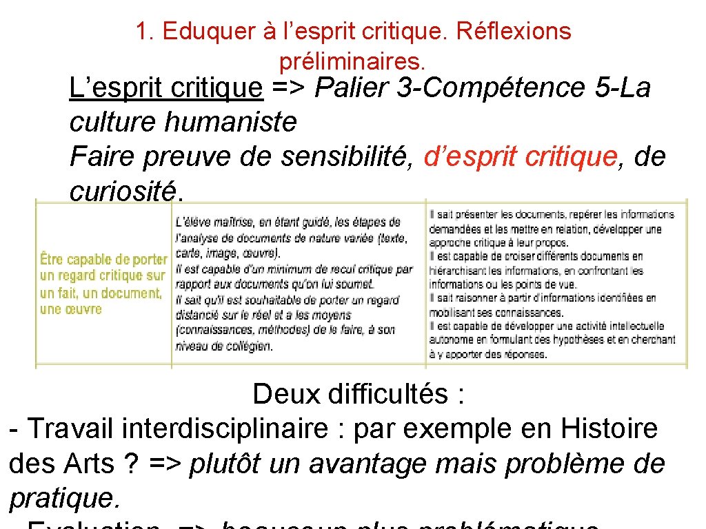 1. Eduquer à l’esprit critique. Réflexions préliminaires. L’esprit critique => Palier 3 -Compétence 5