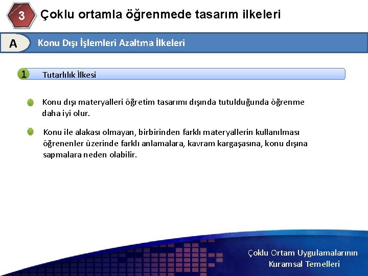 3 A Çoklu ortamla öğrenmede tasarım ilkeleri Konu Dışı İşlemleri Azaltma İlkeleri 1 Tutarlılık