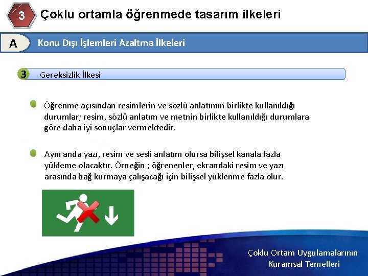 3 A Çoklu ortamla öğrenmede tasarım ilkeleri Konu Dışı İşlemleri Azaltma İlkeleri 3 Gereksizlik