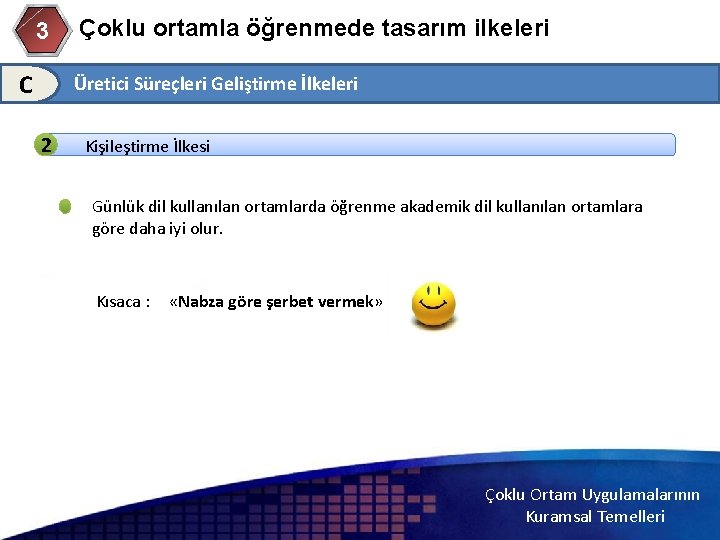 3 C Çoklu ortamla öğrenmede tasarım ilkeleri Üretici Süreçleri Geliştirme İlkeleri 2 Kişileştirme İlkesi
