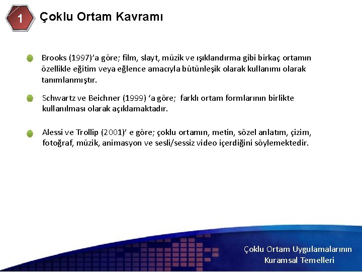 1 Çoklu Ortam Kavramı Brooks (1997)’a göre; film, slayt, müzik ve ışıklandırma gibi birkaç