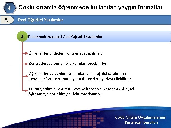 4 A Çoklu ortamla öğrenmede kullanılan yaygın formatlar Özel Öğretici Yazılımlar 2 Dallanmalı Yapıdaki