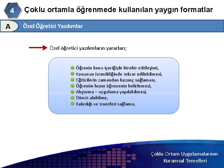 4 A Çoklu ortamla öğrenmede kullanılan yaygın formatlar Özel Öğretici Yazılımlar Özel öğretici yazılımların