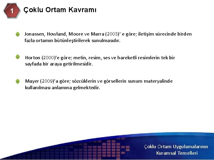 1 Çoklu Ortam Kavramı Jonassen, Howland, Moore ve Marra (2003)’ e göre; iletişim sürecinde