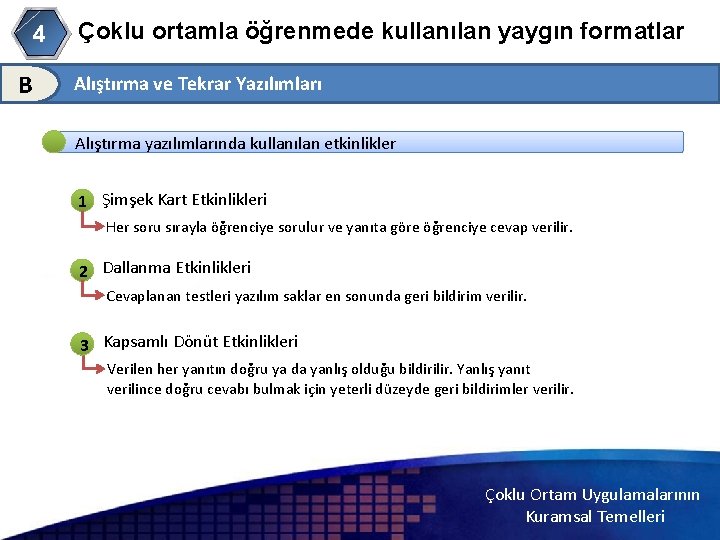 4 B Çoklu ortamla öğrenmede kullanılan yaygın formatlar Alıştırma ve Tekrar Yazılımları Alıştırma yazılımlarında