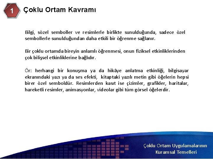1 Çoklu Ortam Kavramı Bilgi, sözel semboller ve resimlerle birlikte sunulduğunda, sadece özel sembollerle