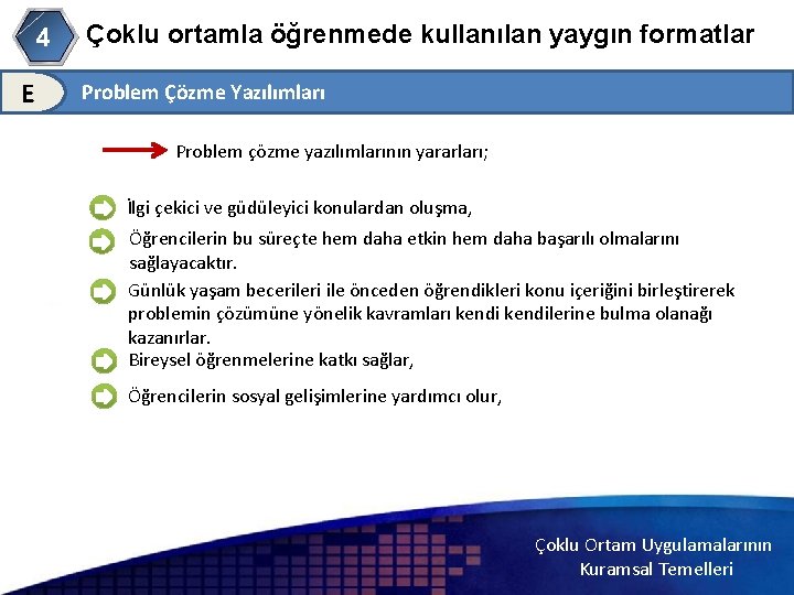 4 E Çoklu ortamla öğrenmede kullanılan yaygın formatlar Problem Çözme Yazılımları Problem çözme yazılımlarının