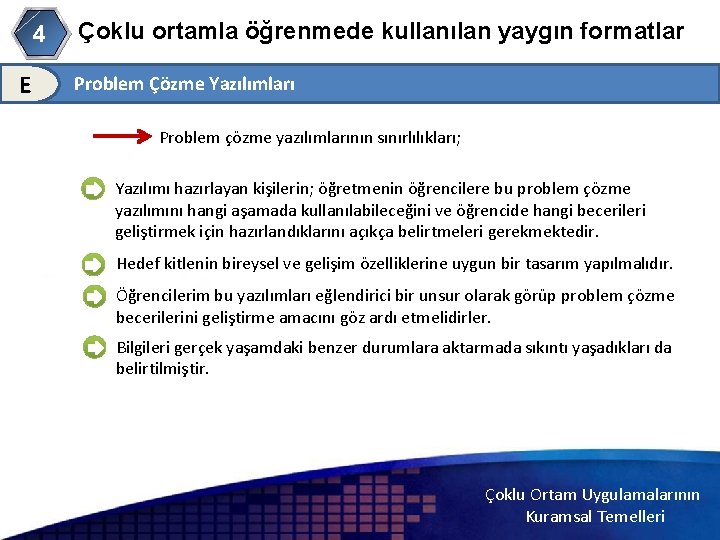 4 E Çoklu ortamla öğrenmede kullanılan yaygın formatlar Problem Çözme Yazılımları Problem çözme yazılımlarının