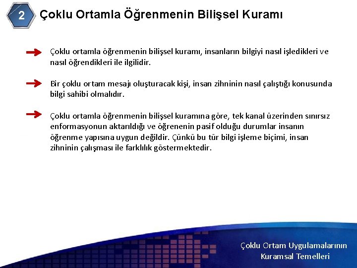 Çoklu Ortamla Öğrenmenin Bilişsel Kuramı 2 Çoklu ortamla öğrenmenin bilişsel kuramı, insanların bilgiyi nasıl