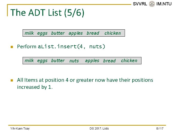 SVVRL @ IM. NTU The ADT List (5/6) milk eggs butter apples bread n