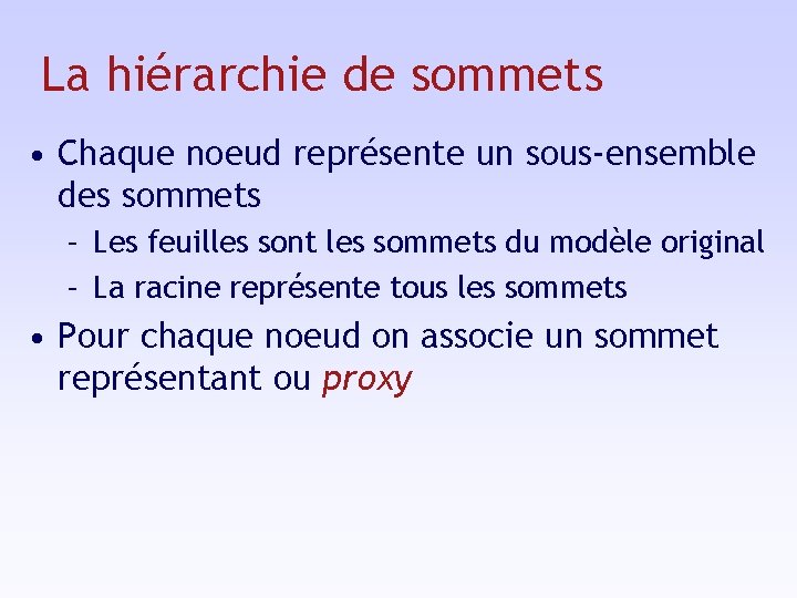 La hiérarchie de sommets • Chaque noeud représente un sous-ensemble des sommets – Les