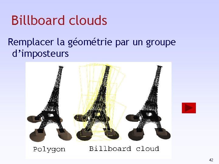 Billboard clouds Remplacer la géométrie par un groupe d’imposteurs 42 