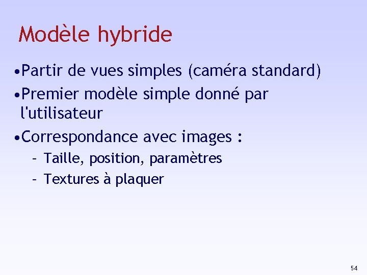 Modèle hybride • Partir de vues simples (caméra standard) • Premier modèle simple donné