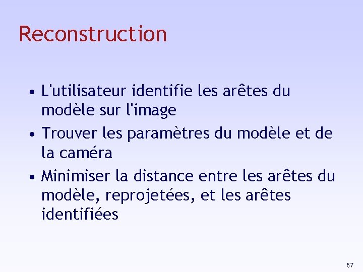 Reconstruction • L'utilisateur identifie les arêtes du modèle sur l'image • Trouver les paramètres