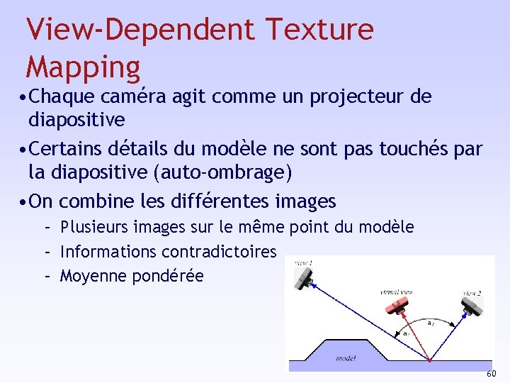 View-Dependent Texture Mapping • Chaque caméra agit comme un projecteur de diapositive • Certains