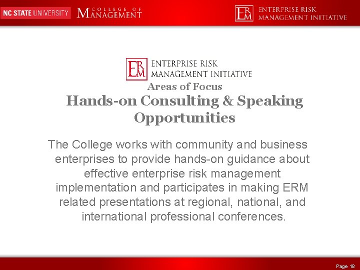 Areas of Focus Hands-on Consulting & Speaking Opportunities The College works with community and