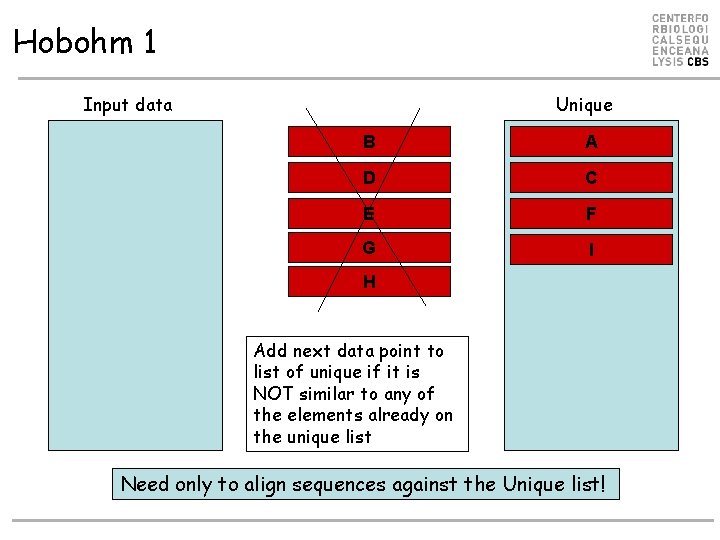 Hobohm 1 Input data Unique B A D C E F G I H