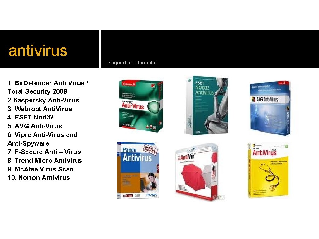 antivirus Seguridad Informática 1. Bit. Defender Anti Virus / Total Security 2009 2. Kaspersky