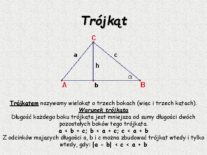 Trójkątem nazywamy wielokąt o trzech bokach (więc i trzech kątach). Warunek trójkąta Długość każdego