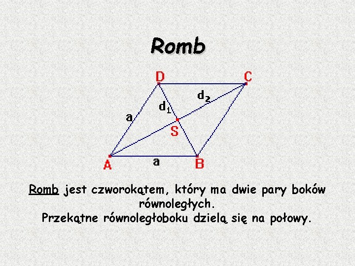 Romb jest czworokątem, który ma dwie pary boków równoległych. Przekątne równoległoboku dzielą się na