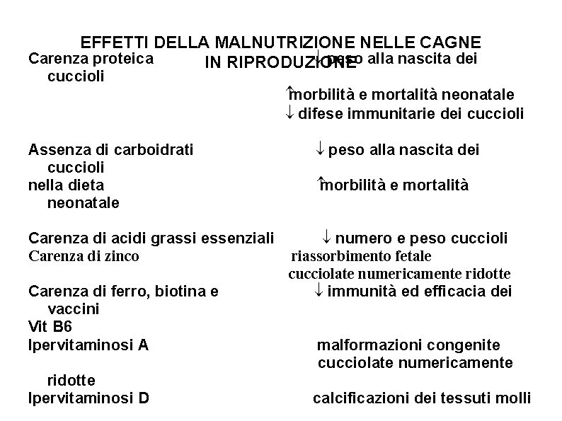 EFFETTI DELLA MALNUTRIZIONE NELLE CAGNE Carenza proteica ¯ peso alla nascita dei IN RIPRODUZIONE