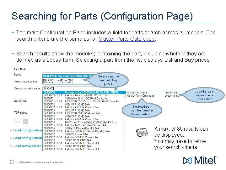Searching for Parts (Configuration Page) • The main Configuration Page includes a field for